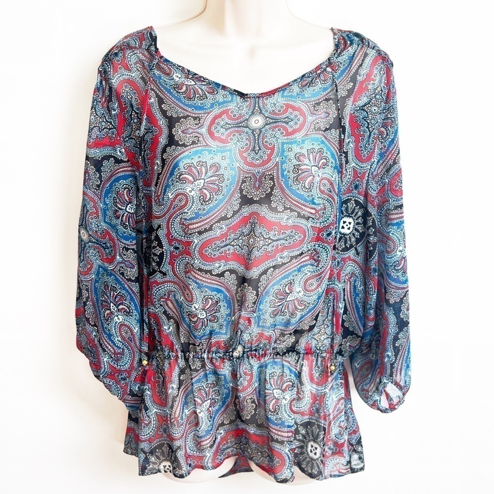 🆕 Bellefleur sheer paisley peplum 3/4 sleeve v neck blouse top blue red …
